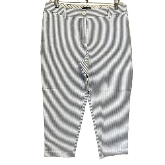 Talbots PERFECT CROP PANT Size 6 Petite Blue White Stripe Seersucker Button Tab - Picture 1 of 10